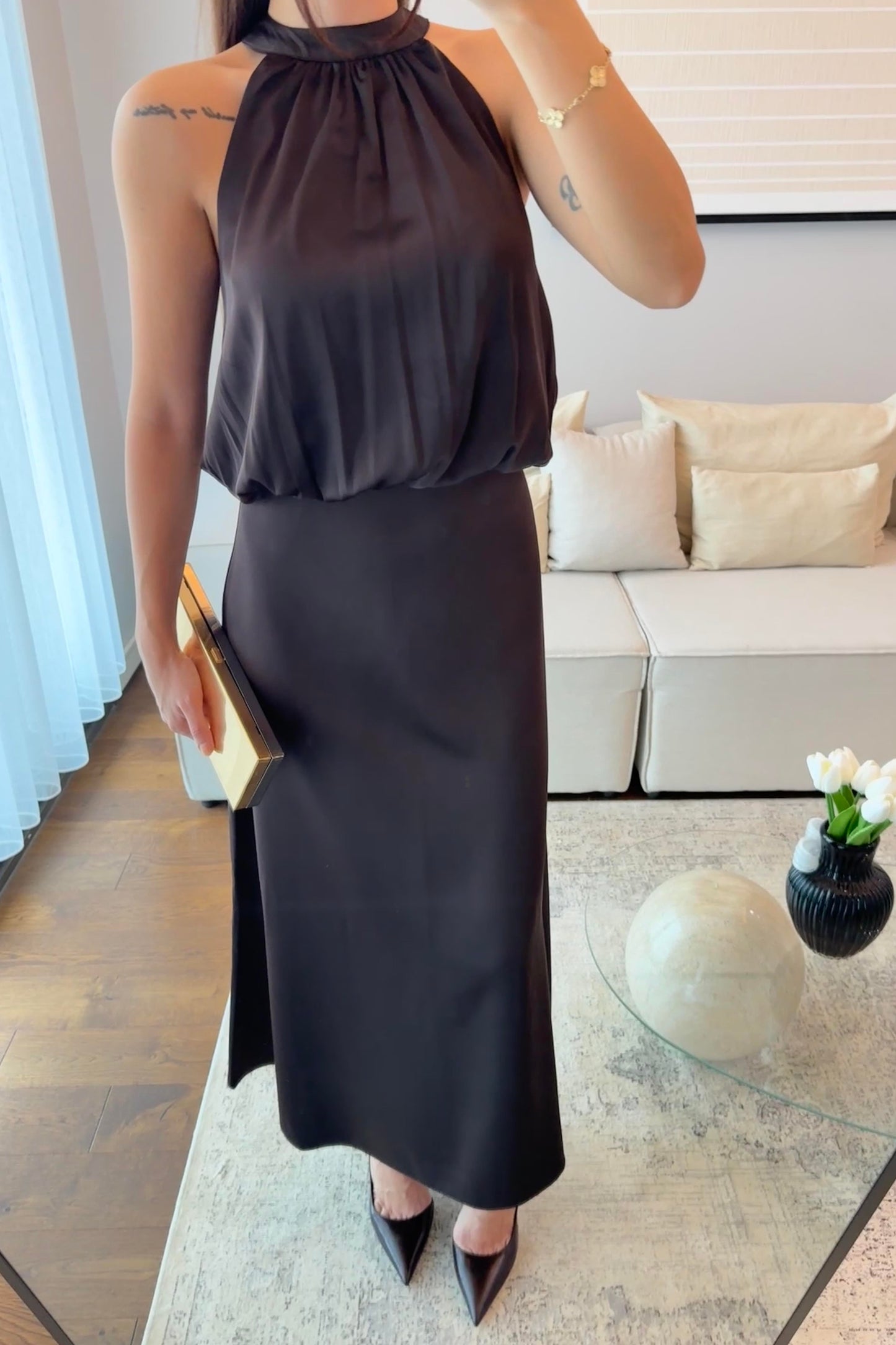 HALTER YAKA DÖKÜMLÜ ELBİSE-ACI KAHVE