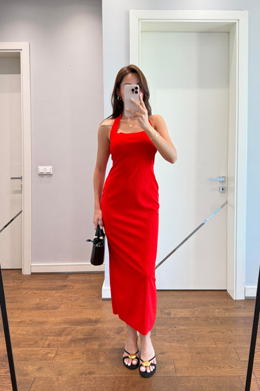 HALTER YAKA TOPARLAYICI ELBİSE-KIRMIZI