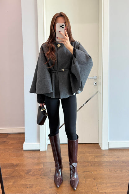 KAŞE KEMERLİ PANÇO- ANTRASİT