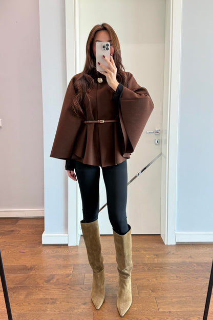 KAŞE KEMERLİ PANÇO- KAHVE