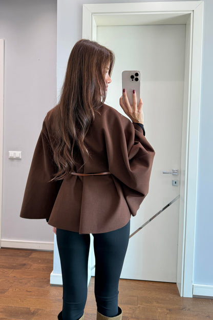 KAŞE KEMERLİ PANÇO- KAHVE