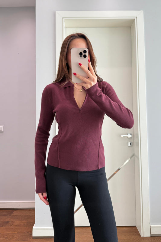 KAŞMİR KARIŞIMLI FERMUARLI KAZAK-BORDO