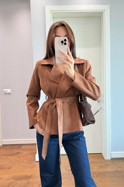 KRUVAZE KEMER DETAYLI SÜET CEKET-KAHVERENGİ