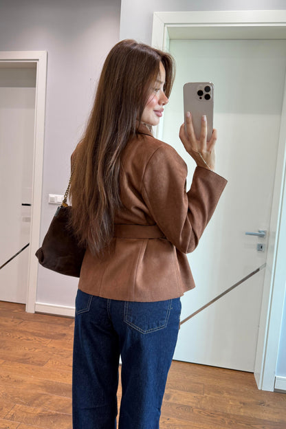 KRUVAZE KEMER DETAYLI SÜET CEKET-KAHVERENGİ