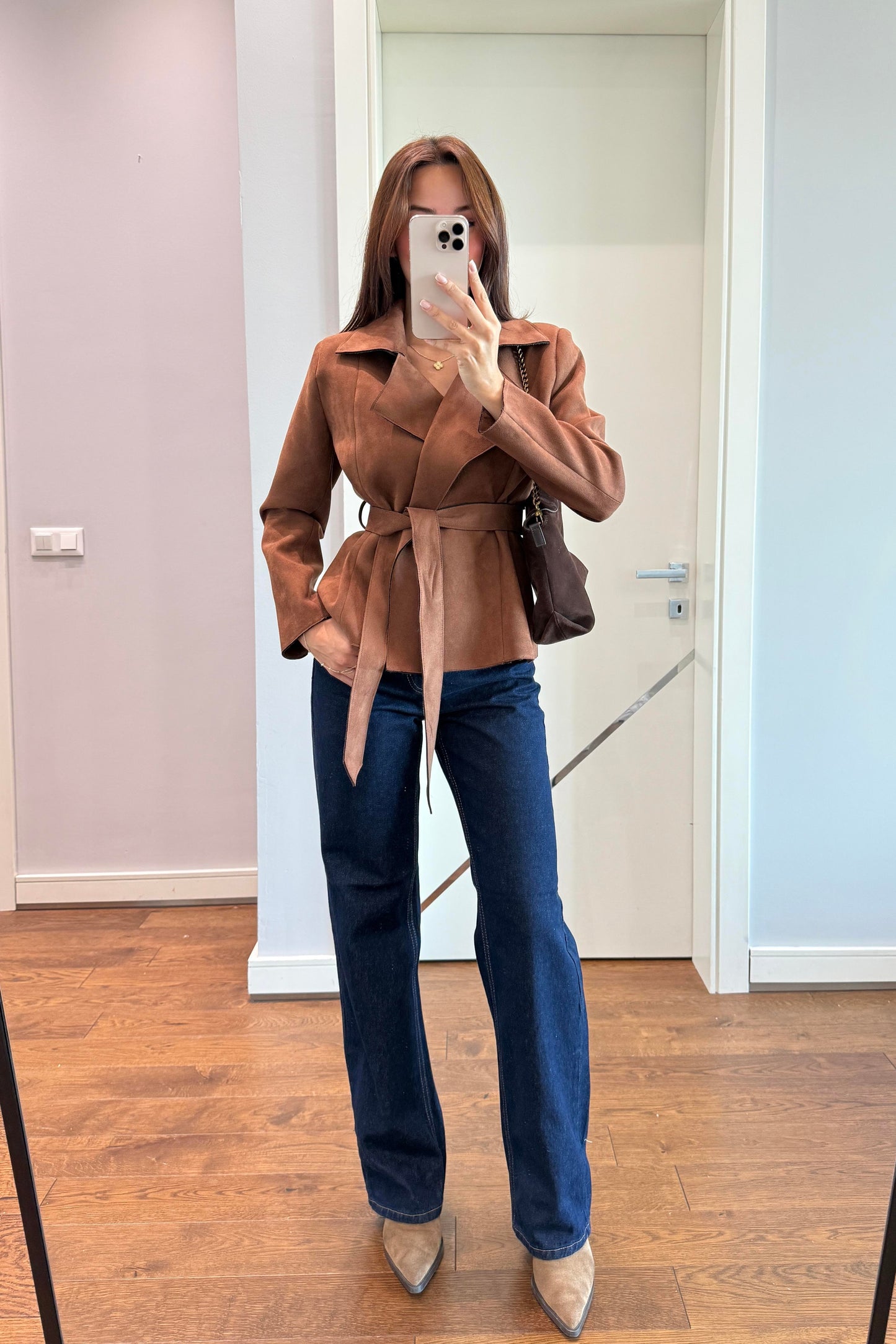 KRUVAZE KEMER DETAYLI SÜET CEKET-KAHVERENGİ