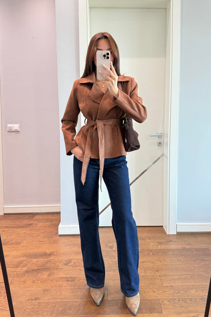 KRUVAZE KEMER DETAYLI SÜET CEKET-KAHVERENGİ