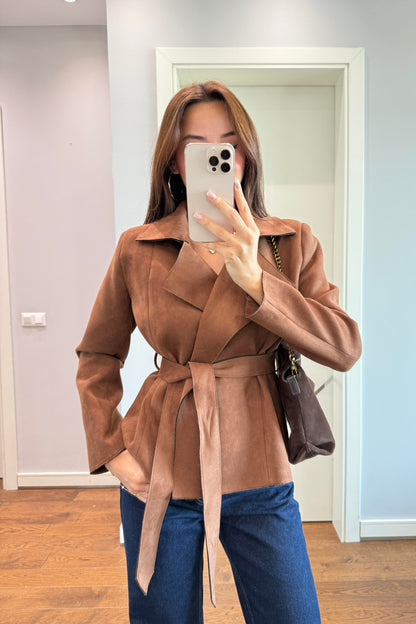 KRUVAZE KEMER DETAYLI SÜET CEKET-KAHVERENGİ