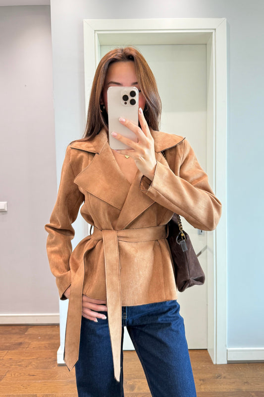 KRUVAZE KEMER DETAYLI SÜET CEKET-TABA