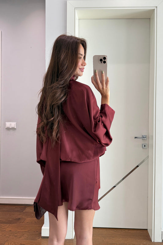 MARKA MODEL SATEN BAĞLAMALI ELBİSE-BORDO