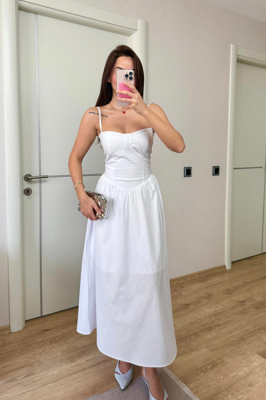 MİDİ BOY POPLİN BEYAZ ELBİSE