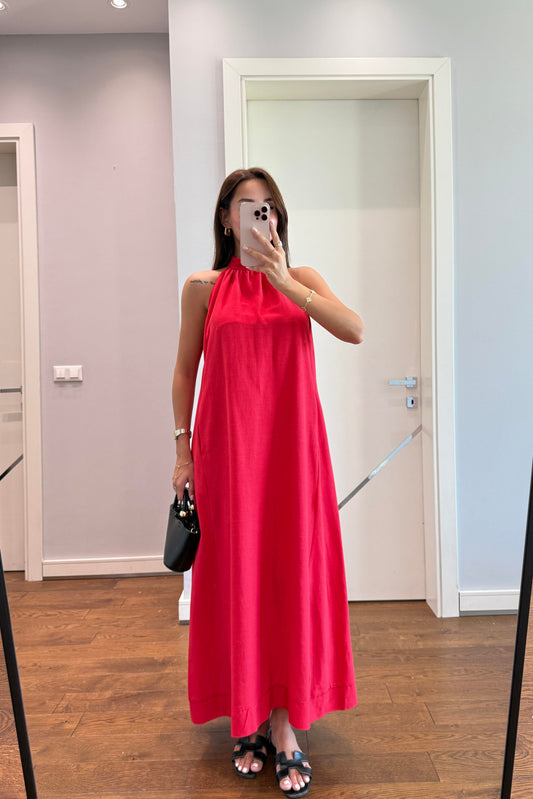 MUADİL HALTER YAKA ELBİSE-KIRMIZI
