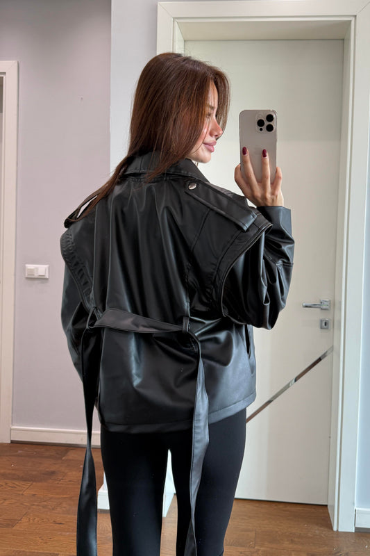 NEWYORK SİYAH TASARIM KUŞAKLI DERİ CEKET