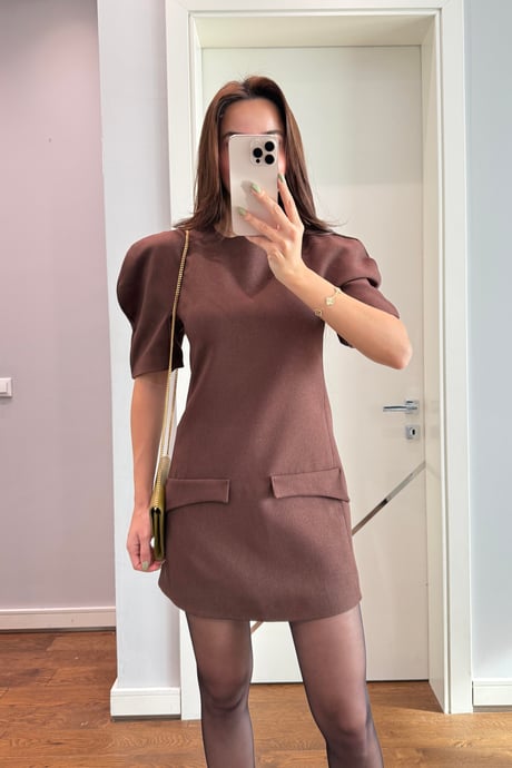 KARPUZ KOL CEPLİ ELBİSE-KAHVE