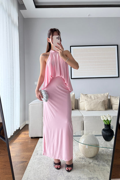 SIRT DEKOLTELİ HALTER YAKA TASARIM ELBİSE-PEMBE