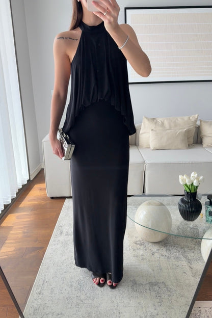 SIRT DEKOLTELİ HALTER YAKA TASARIM ELBİSE-SİYAH