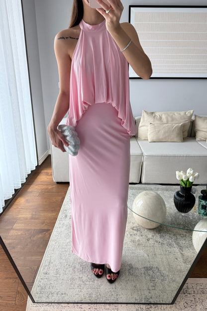 SIRT DEKOLTELİ HALTER YAKA TASARIM ELBİSE-PEMBE