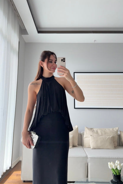 SIRT DEKOLTELİ HALTER YAKA TASARIM ELBİSE-SİYAH