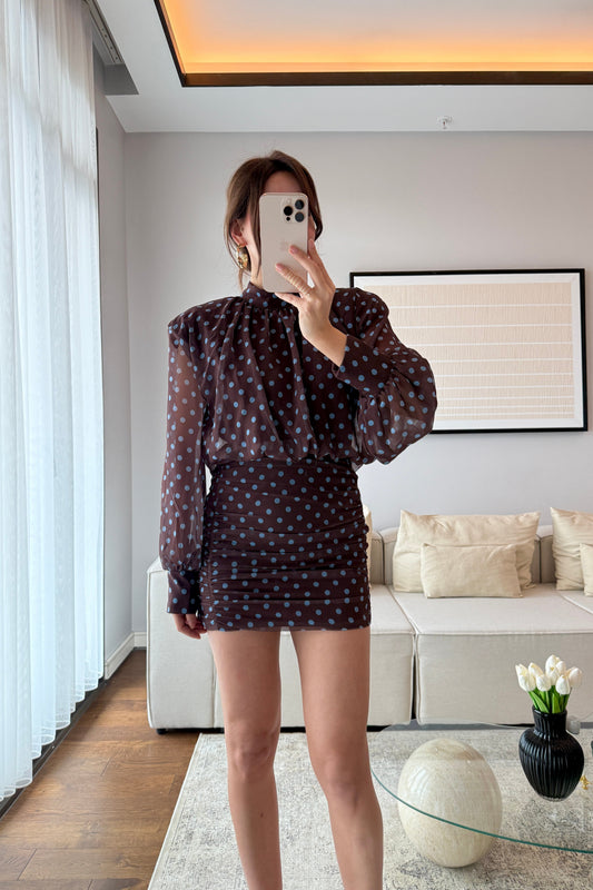 SIRT DEKOLTELİ VATKALI PUANTİYELİ ELBİSE -KAHVE