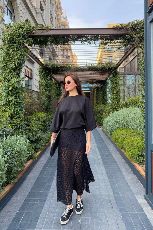 SİYAH DANTEL DETAYLI UZUN ETEK