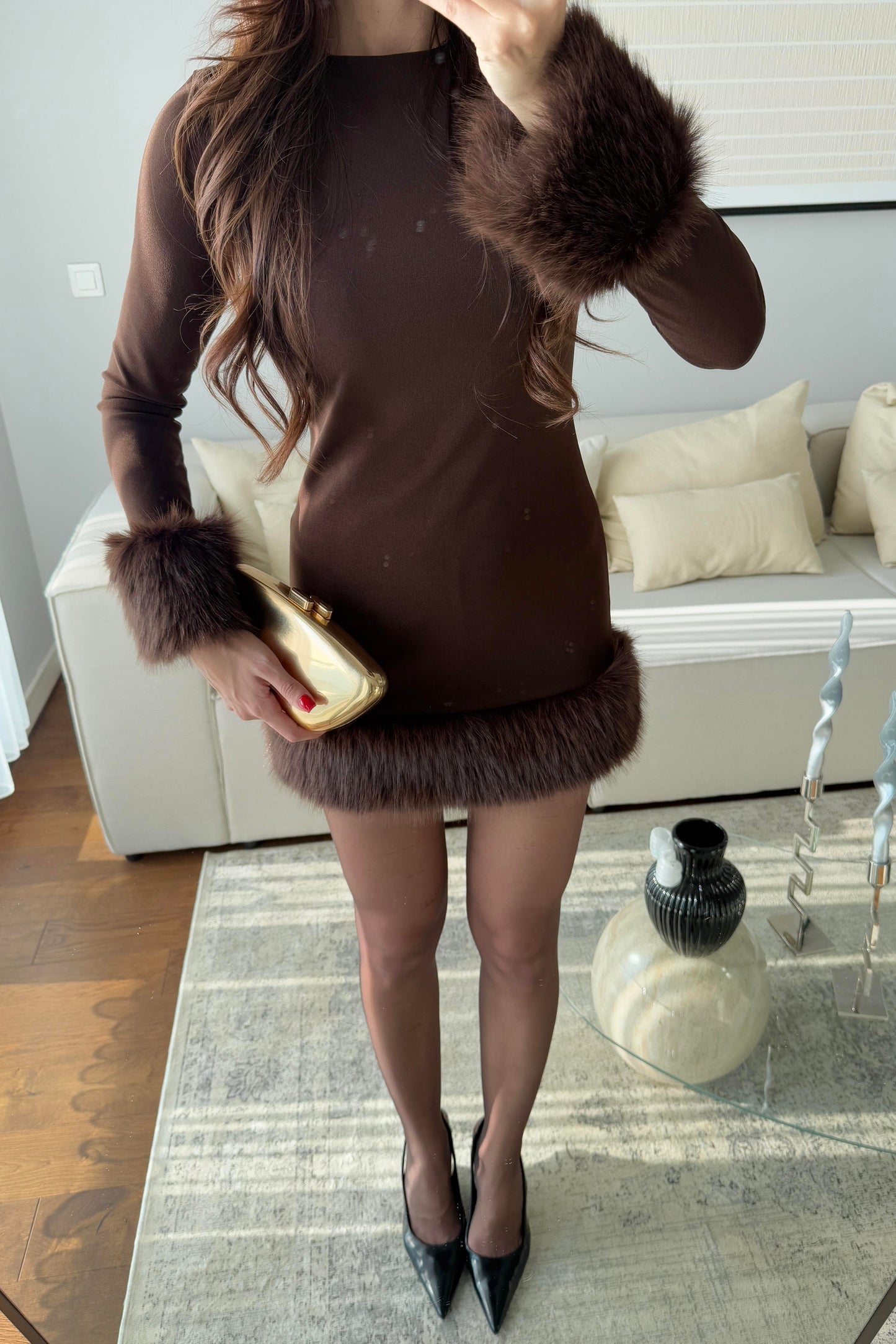 KÜRK DETAYLI MUADİL ELBİSE-ACI KAHVE