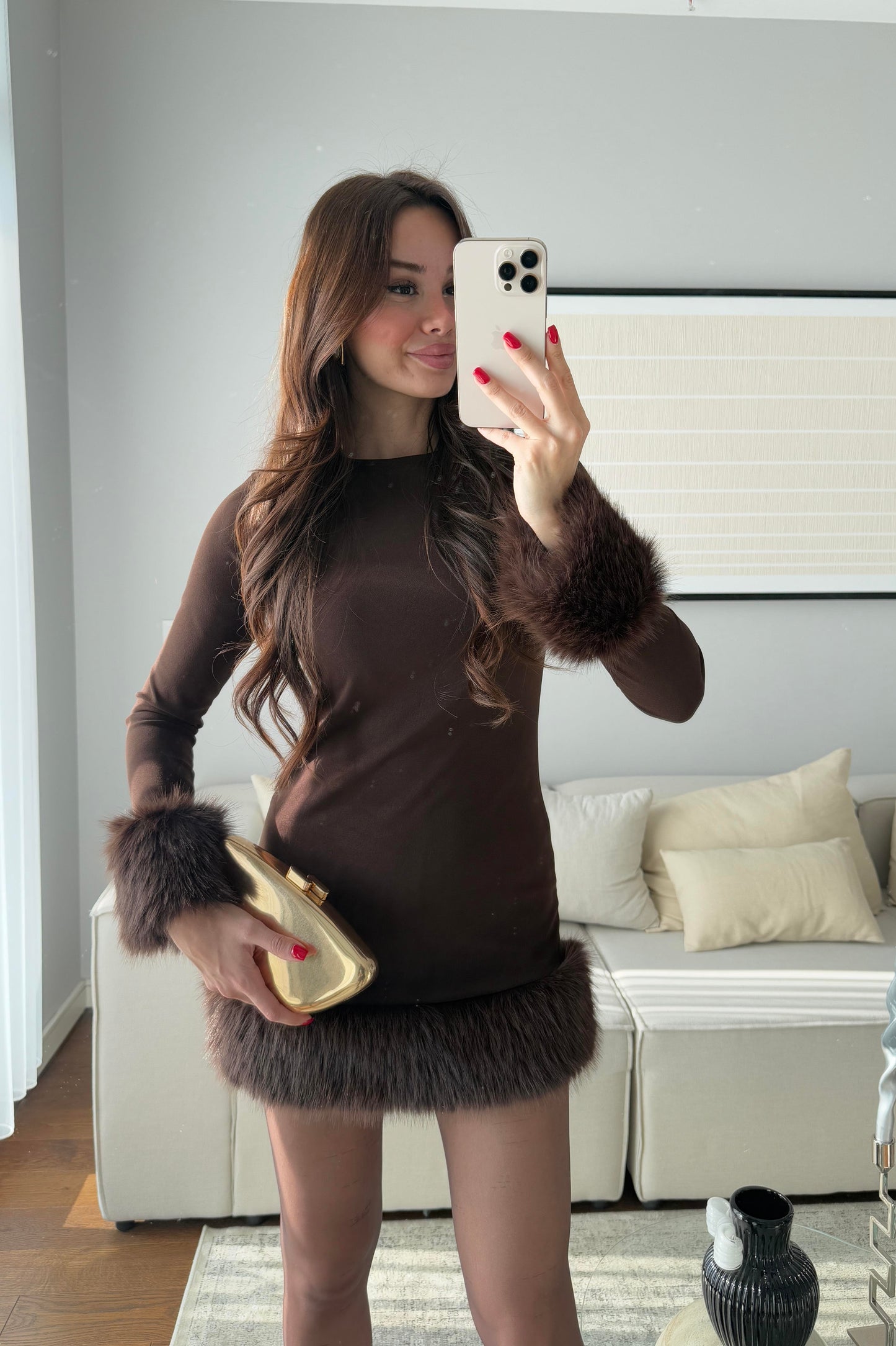 KÜRK DETAYLI MUADİL ELBİSE-ACI KAHVE