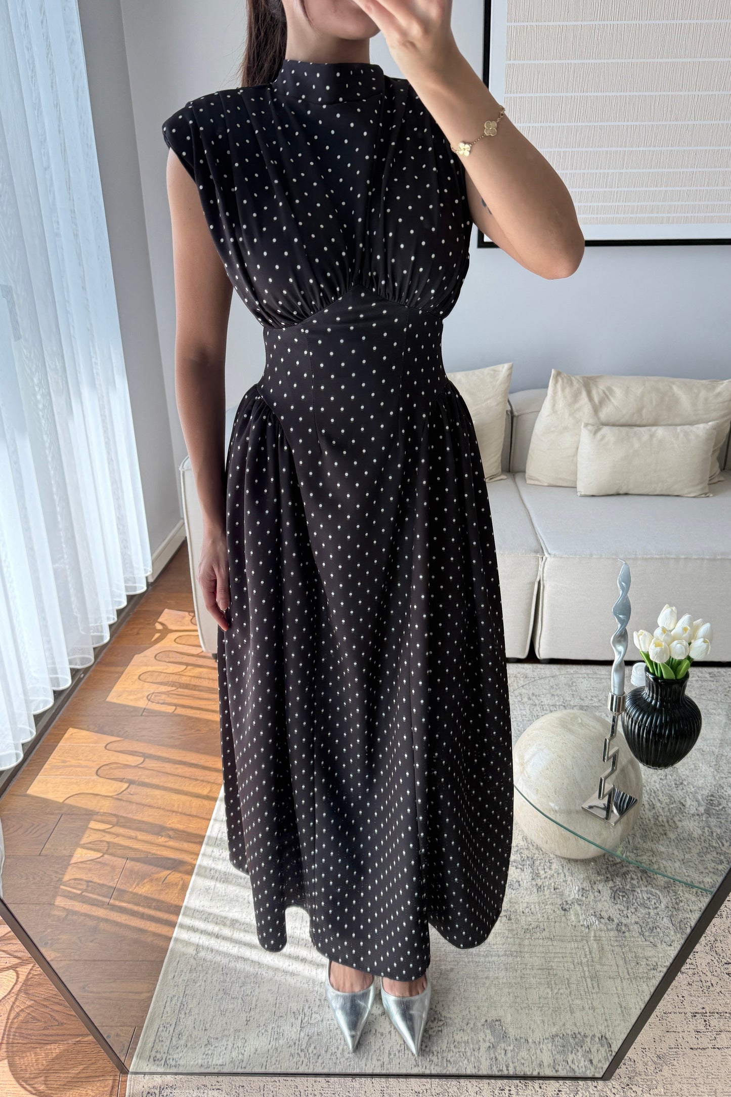 VATKALI BEL DETAYLI PUANTİYE ELBİSE-SİYAH