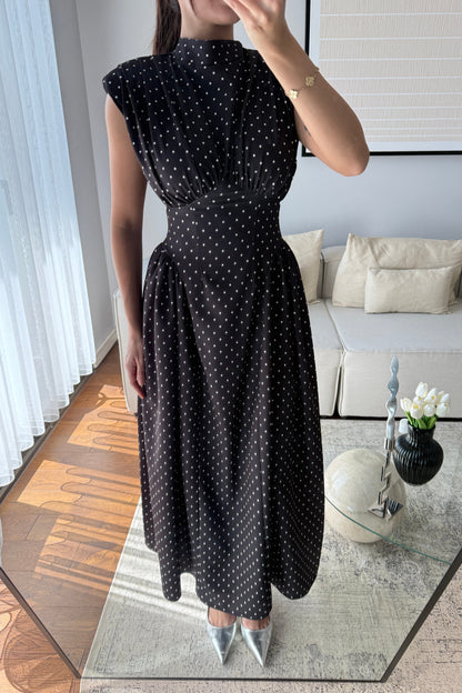 VATKALI BEL DETAYLI PUANTİYE ELBİSE-SİYAH