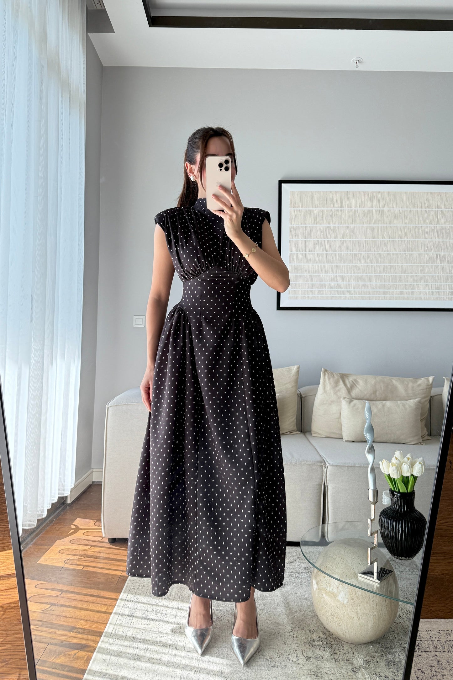 VATKALI BEL DETAYLI PUANTİYE ELBİSE-SİYAH