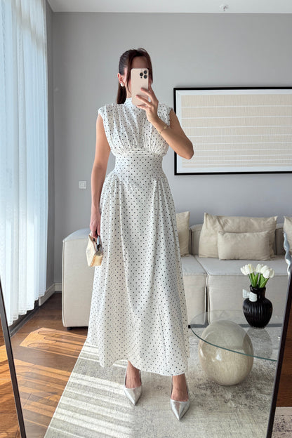 VATKALI BEL DETAYLI PUANTİYELİ ELBİSE