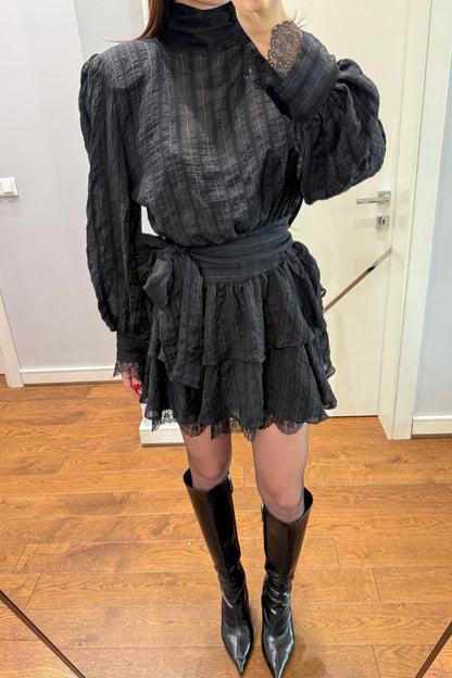 VATKALI DANTEL DETAYLI BAĞLAMALI ELBİSE-SİYAH