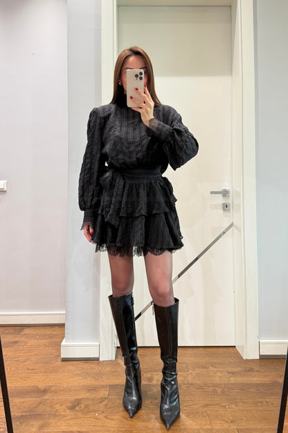 VATKALI DANTEL DETAYLI BAĞLAMALI ELBİSE-SİYAH