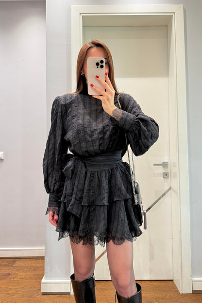 VATKALI DANTEL DETAYLI BAĞLAMALI ELBİSE-SİYAH