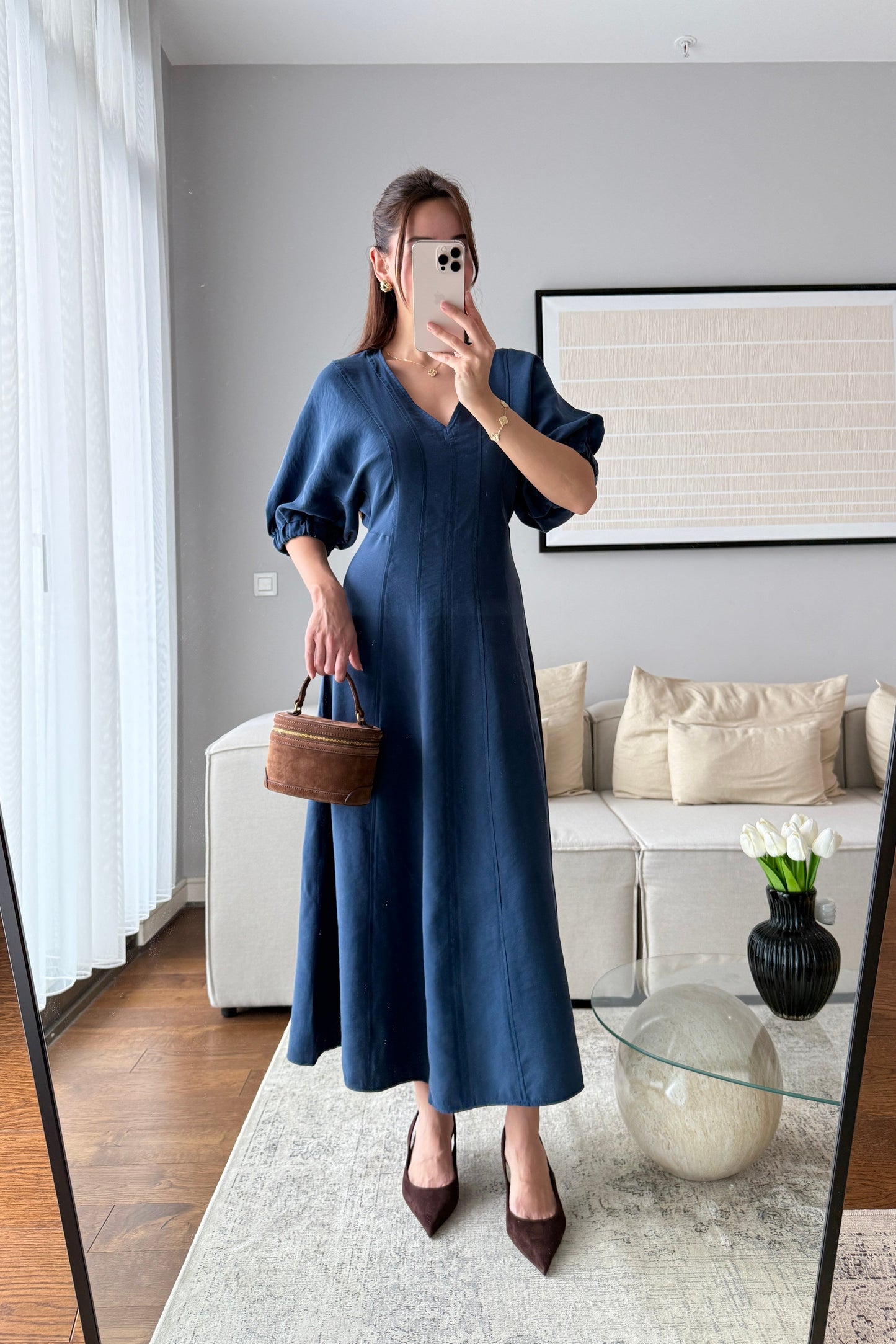 YARASA KOL MİDİ ELBİSE-İNDİGO