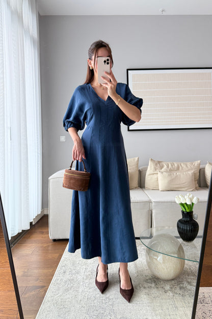 YARASA KOL MİDİ ELBİSE-İNDİGO