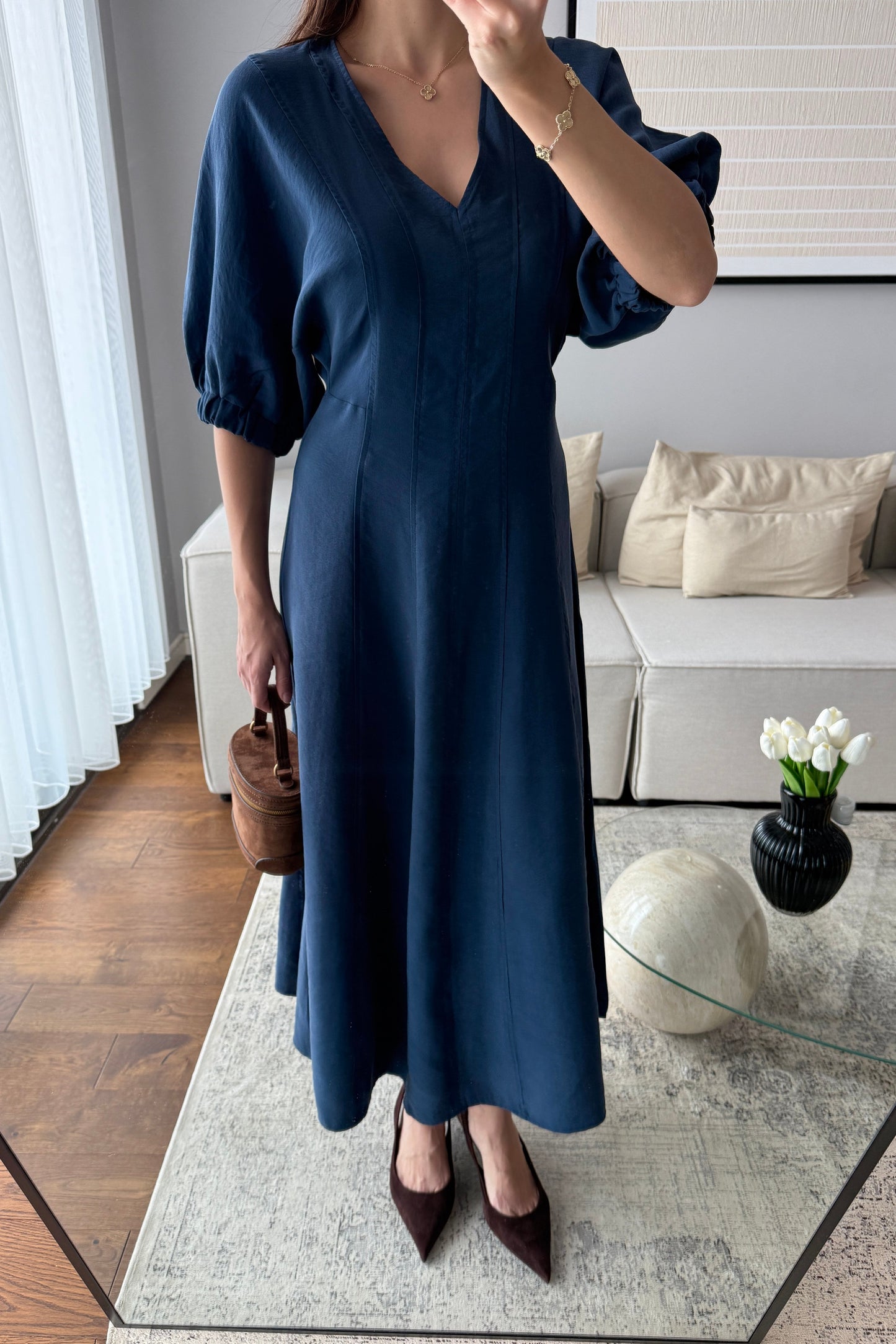 YARASA KOL MİDİ ELBİSE-İNDİGO