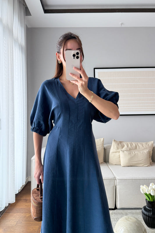 YARASA KOL MİDİ ELBİSE-İNDİGO