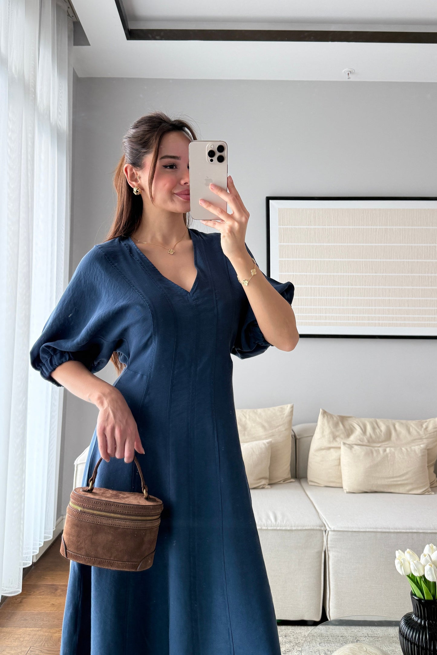 YARASA KOL MİDİ ELBİSE-İNDİGO