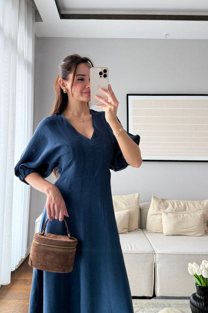 YARASA KOL MİDİ ELBİSE-İNDİGO