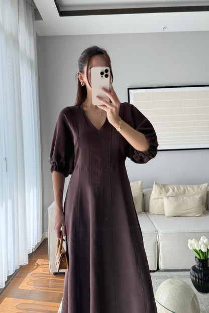 YARASA KOL MİDİ ELBİSE- KAHVE