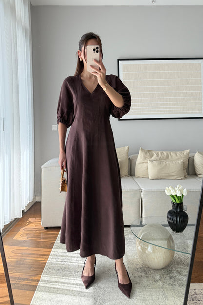 YARASA KOL MİDİ ELBİSE- KAHVE