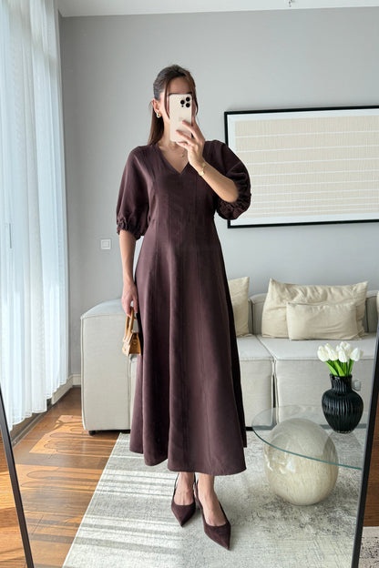 YARASA KOL MİDİ ELBİSE- KAHVE