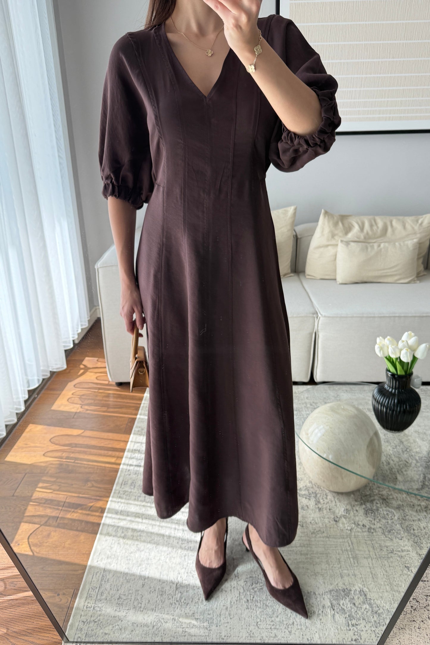 YARASA KOL MİDİ ELBİSE- KAHVE