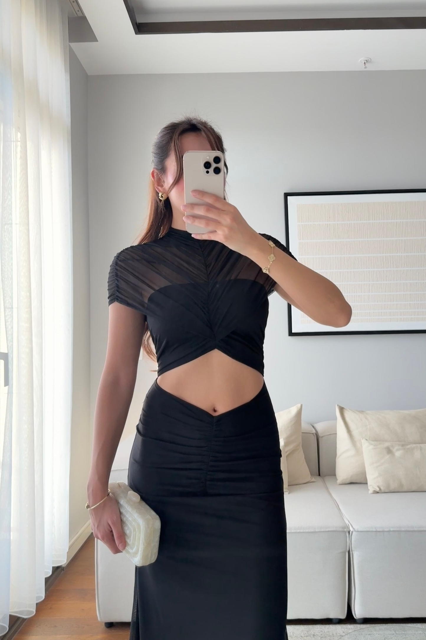 YARIM BALIKÇI BEL DETAYLI DRAPELİ TASARIM ELBİSE-SİYAH