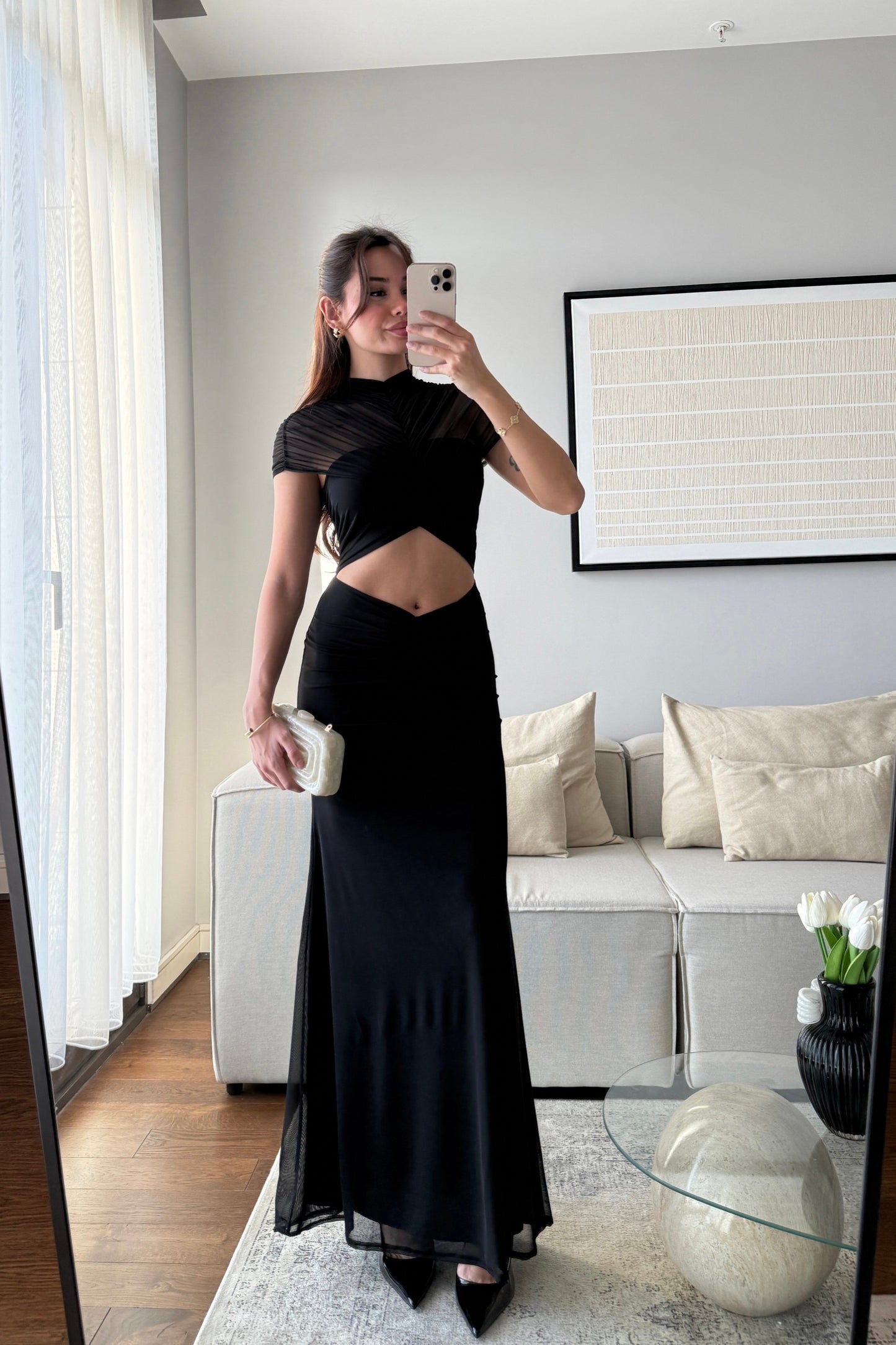 YARIM BALIKÇI BEL DETAYLI DRAPELİ TASARIM ELBİSE-SİYAH