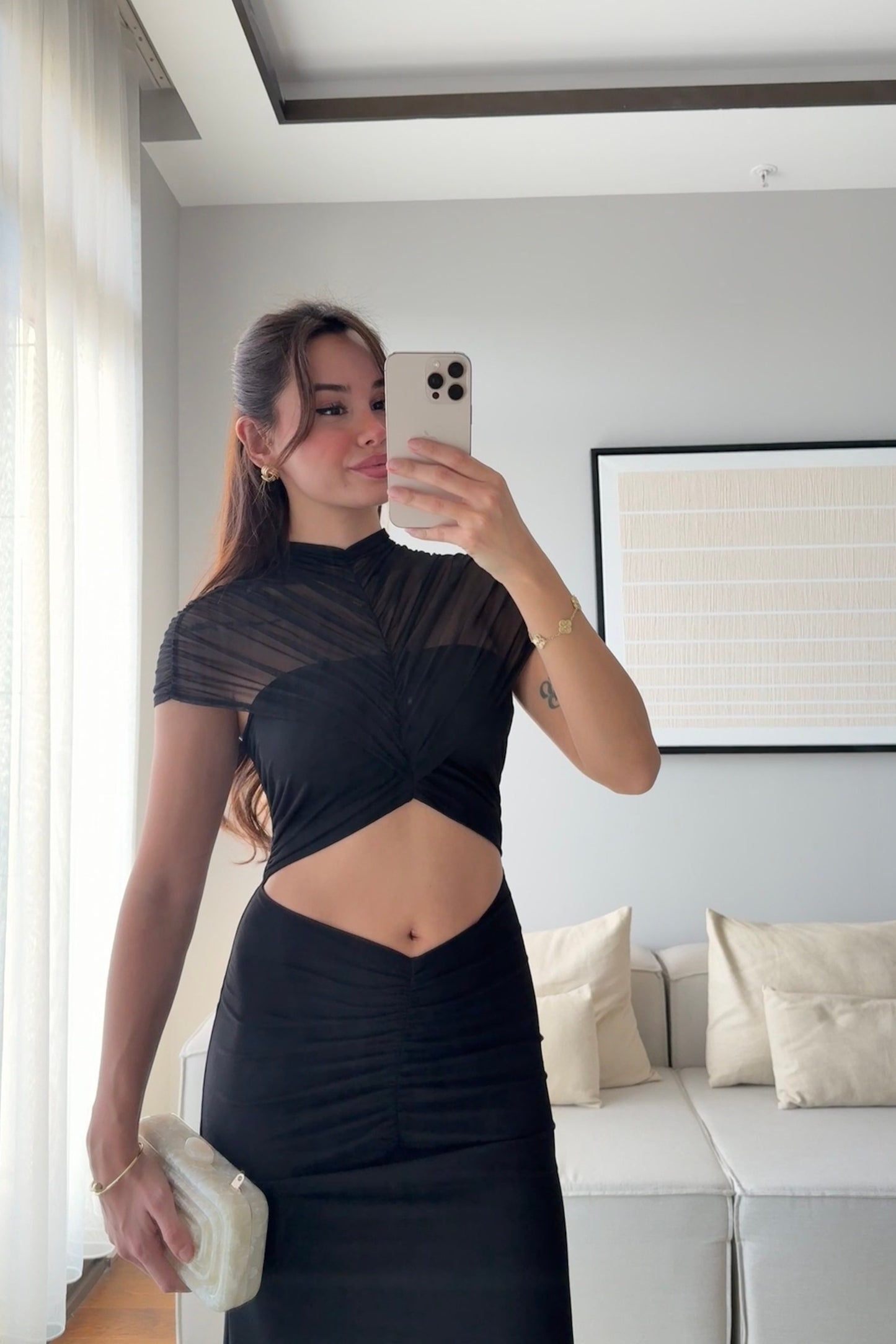 YARIM BALIKÇI BEL DETAYLI DRAPELİ TASARIM ELBİSE-SİYAH