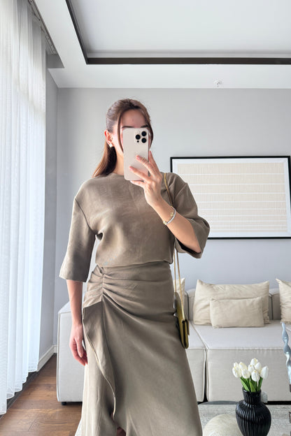 YARIM KOL YANDAN DRAPELİ ELBİSE- HAKİ