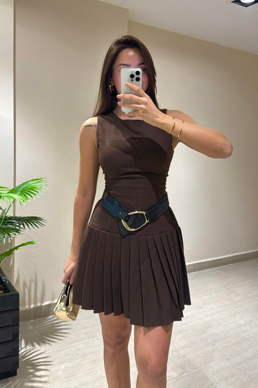 ZRA PİLELİ ELBİSE -KAHVERENGİ